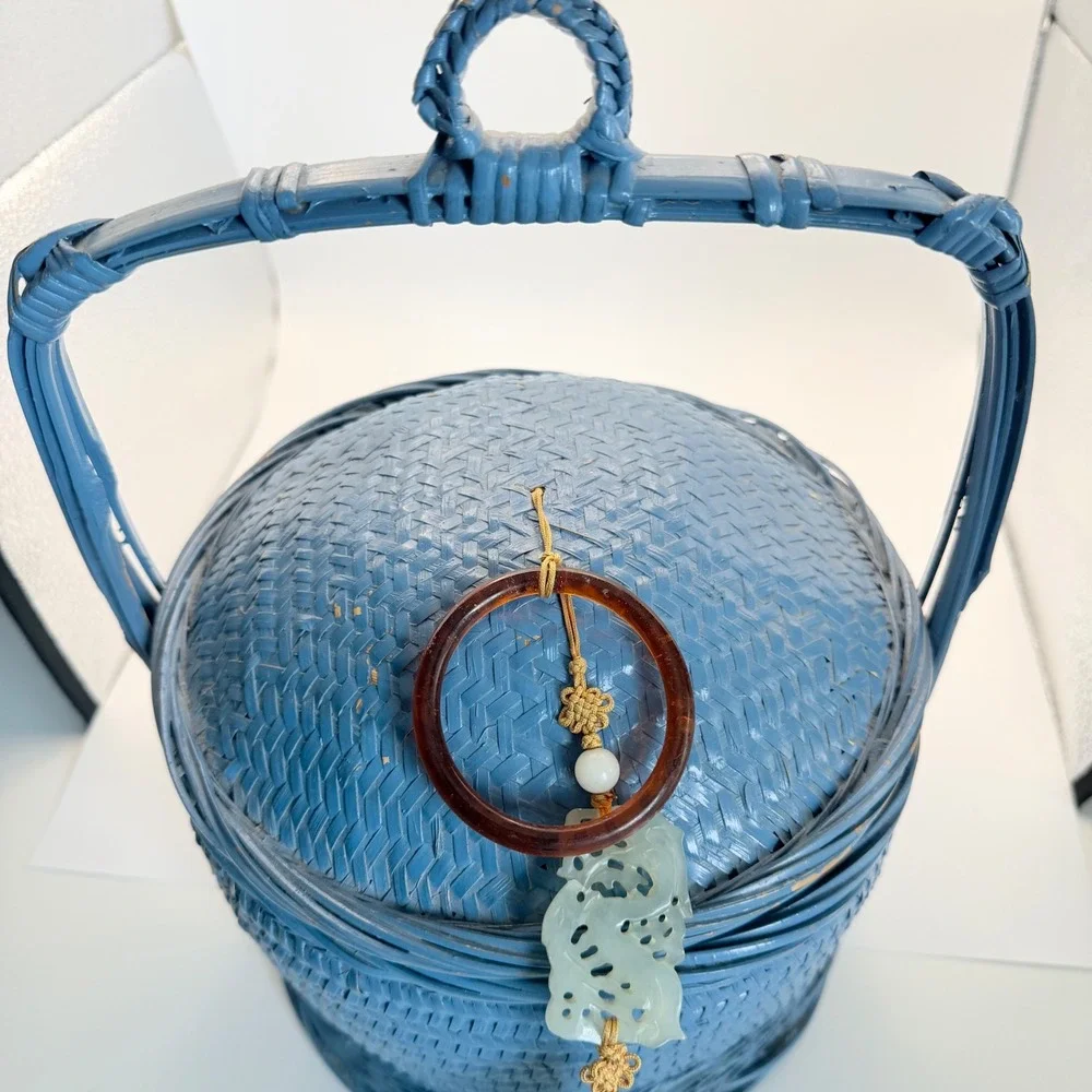 VTG Chinese Woven Blue Wedding Basket Carved Jade Pendant Tassel Lidded Large